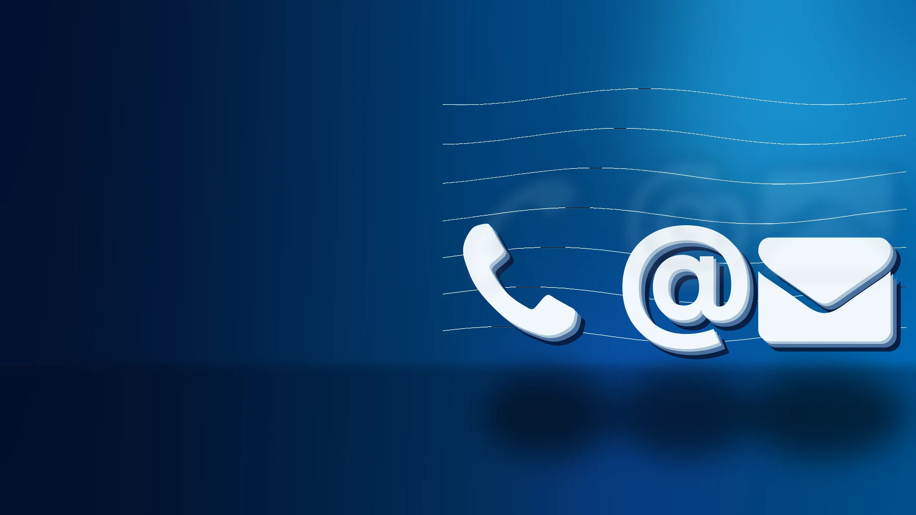 Phone, email-at, and message icons on a blue contact background