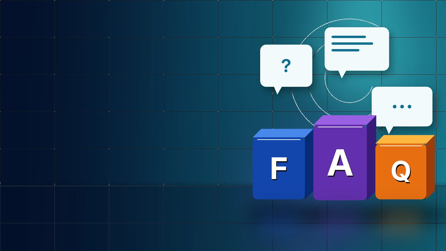 FAQ blocks with question and conversation symbols on a blue background