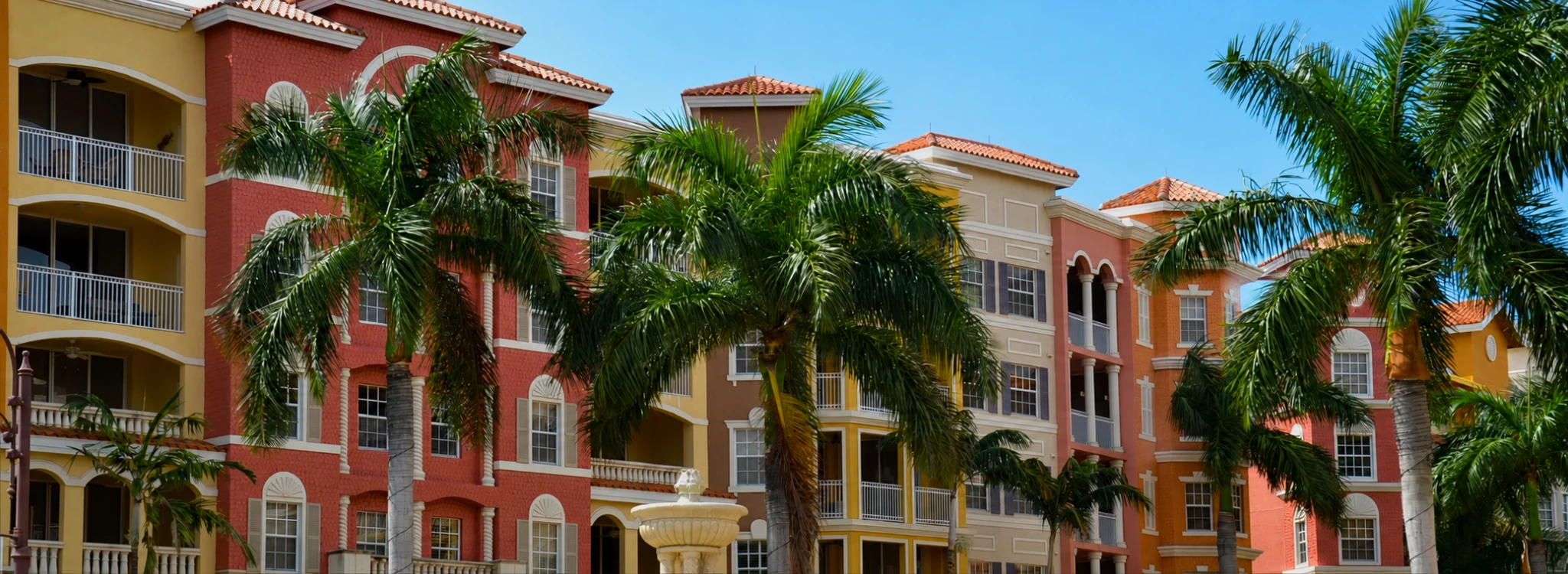 Colorful Southwest Florida condominium community surrounded by mature palm trees