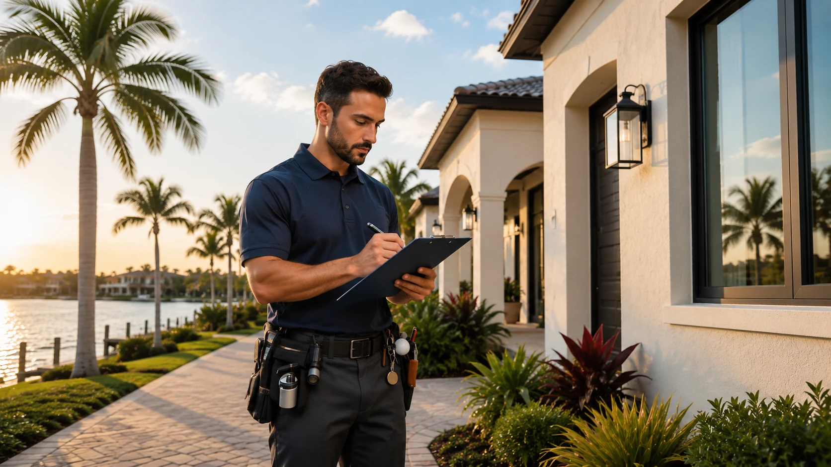 Home Watch professional documenting the exterior condition of a Southwest Florida residence