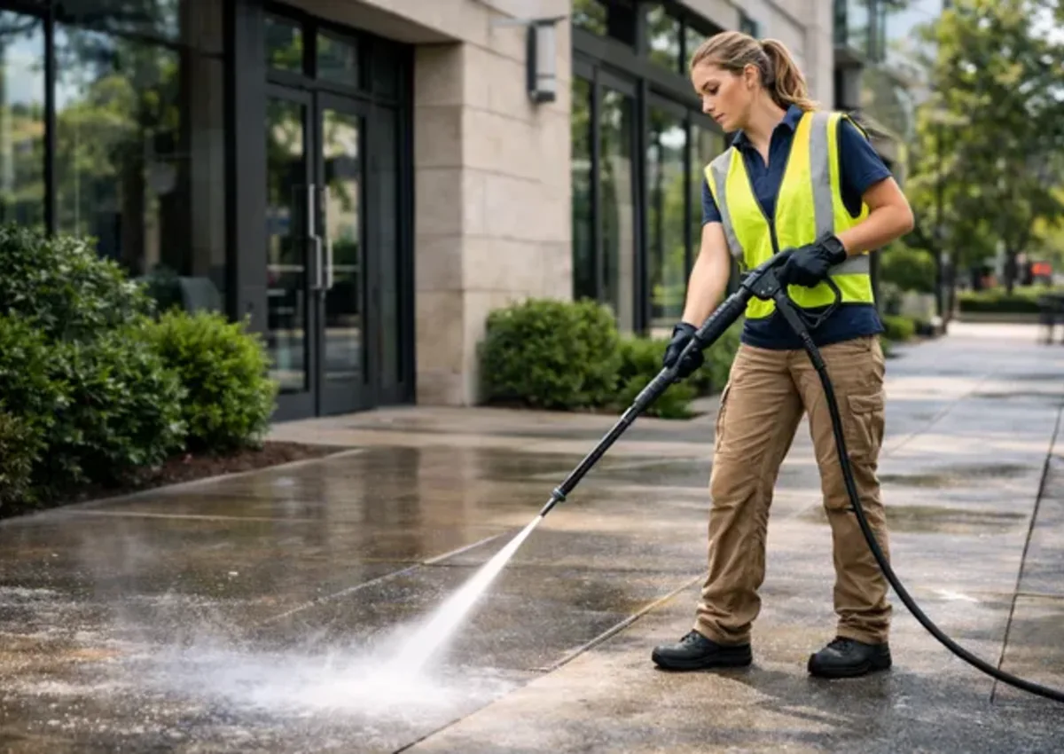 Professional pressure washing of an exterior walkway