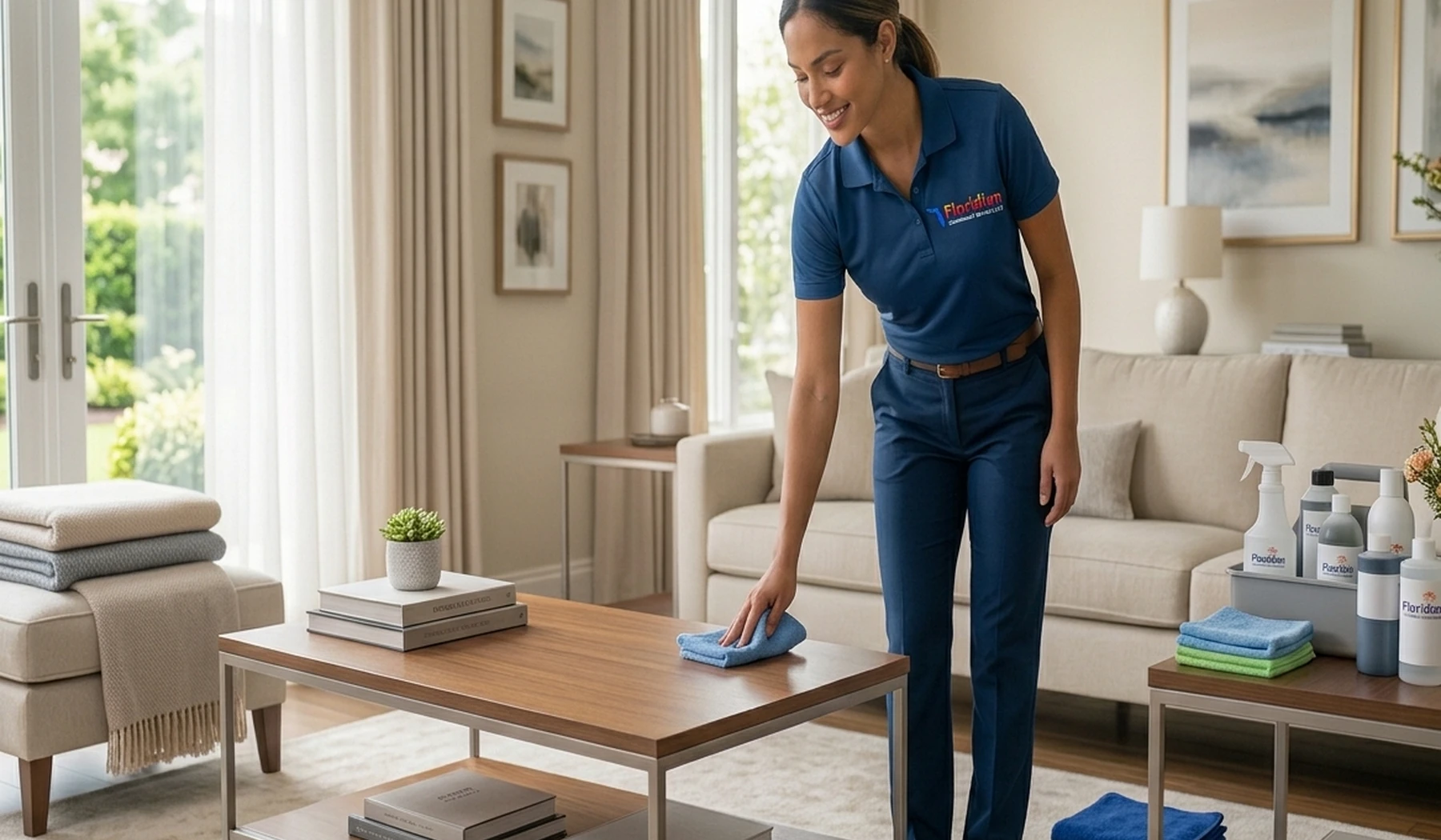 Professional residential cleaner wiping a living room coffee table in a bright, well-kept home
